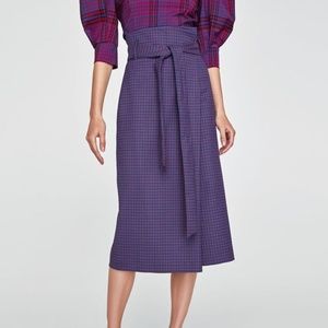 ZARA Blue Purple Houndstooth Midi Skirt with Tie Belt